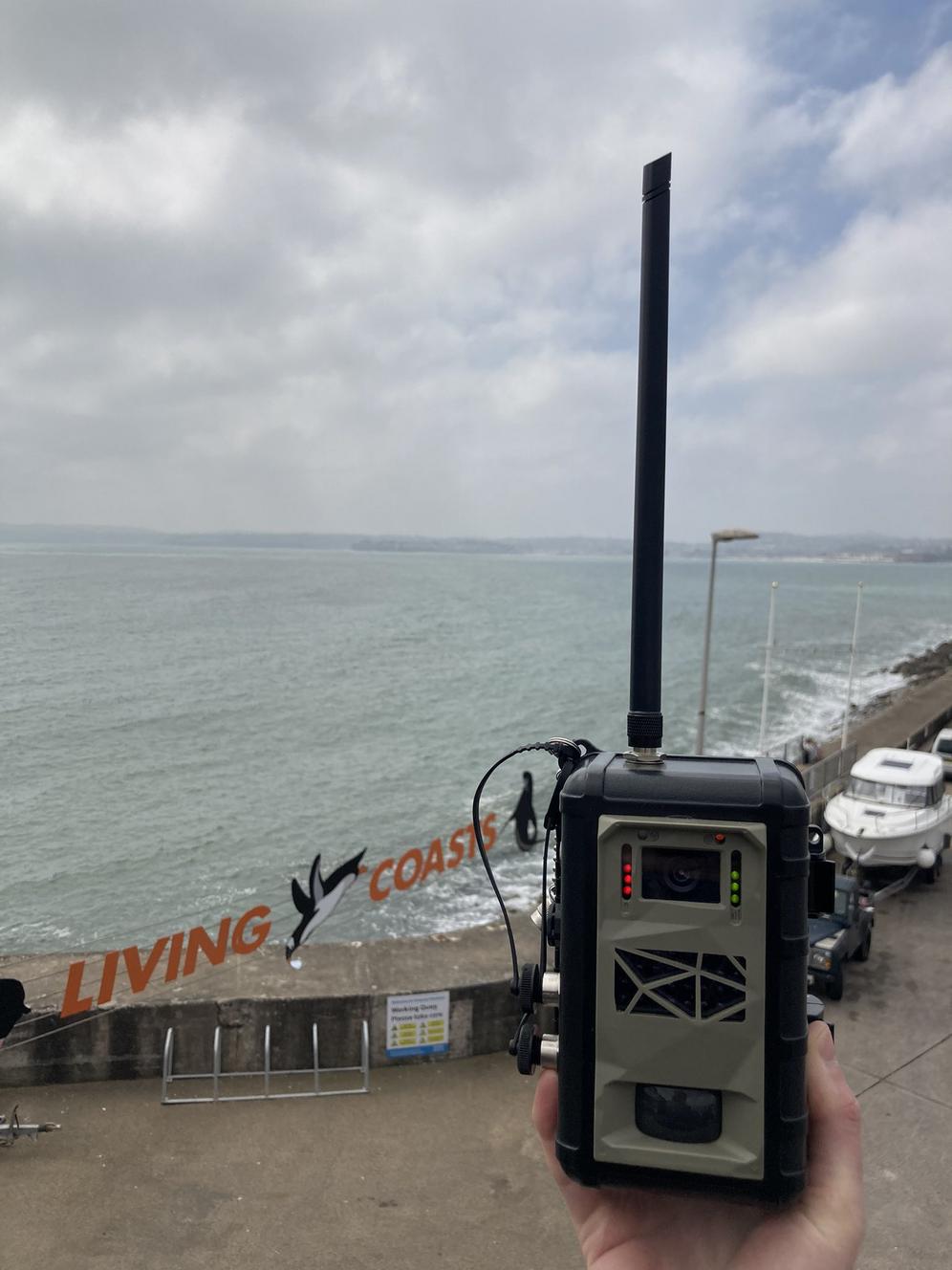 An Instant Detect 2.0 Camera showing it's battery and signal strength during a range test at Torquay