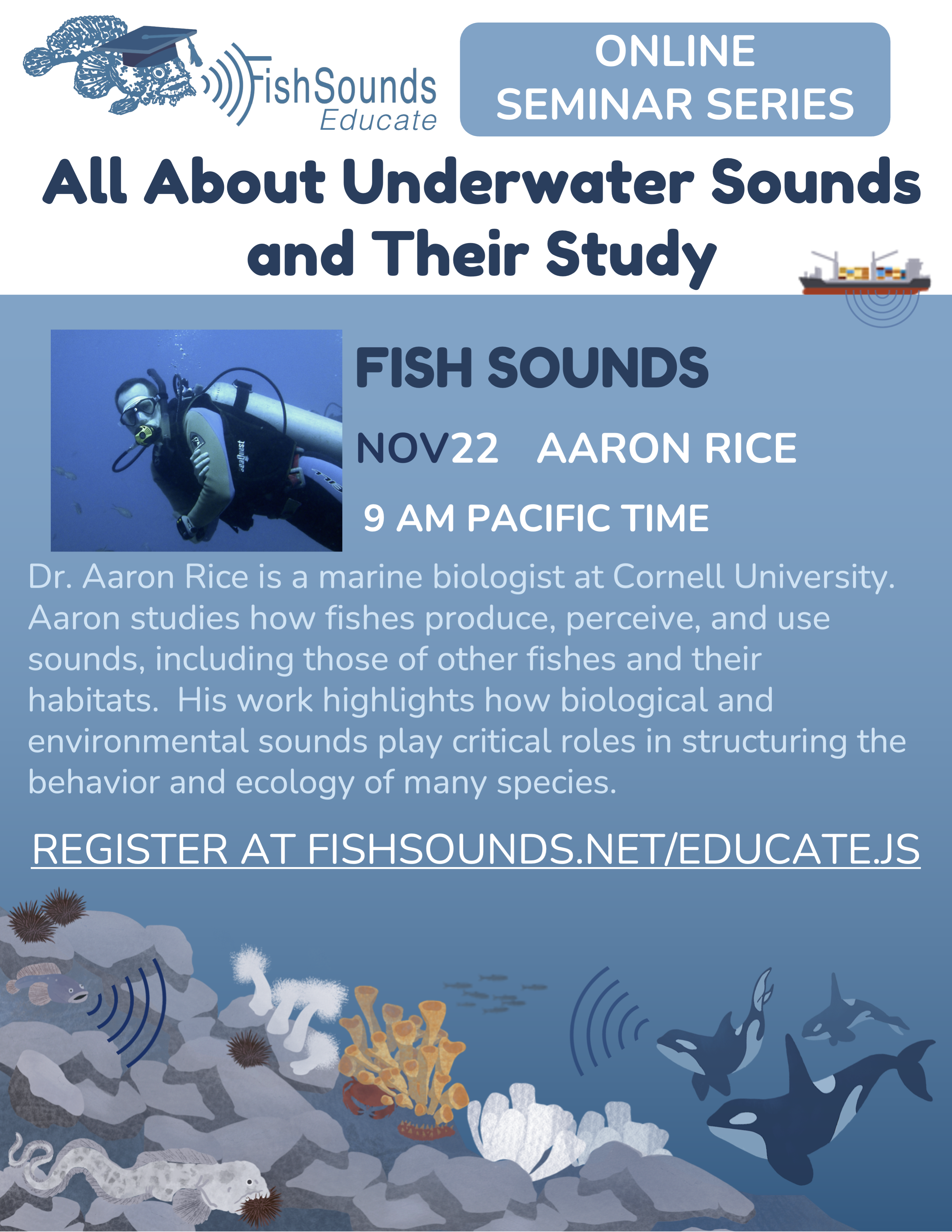 Fish sounds seminar flyer occurring on Nov. 22 at 9 am Pacific Time
