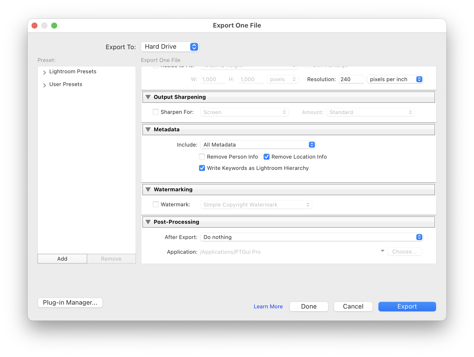 Screenshot of the Lightroom Export Settings window, showing the Metadata section centrally with "Write Keywords as Lightroom Hierarchy" checked.