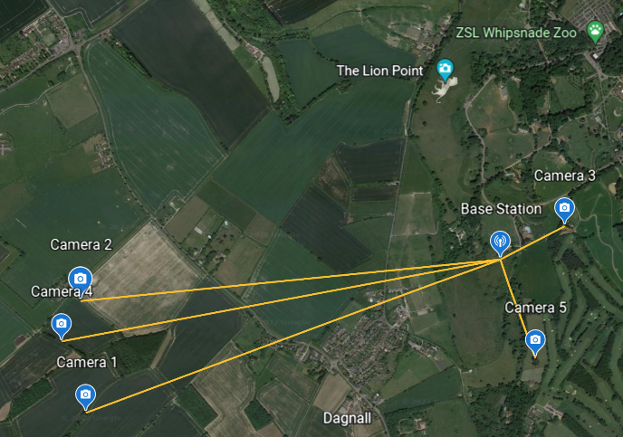 A map showing the position of Instant Detect 2.0 cameras during Alpha testing at Whipsnade Zoo