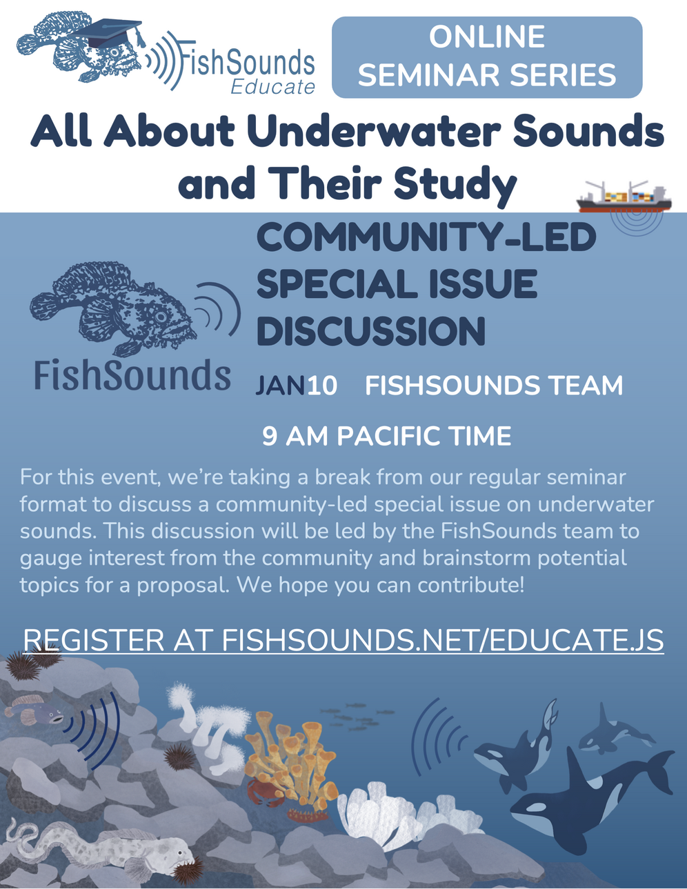 Flyer for a community-led special issue discussion on Jan. 10 at 9 am Pacific. Register at FishSounds.net/Educate.js