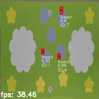 A .gif of a smart insect trap interface, using object detection to identify and track insects in real time. The background is a stylized image with large flower-like shapes simulating a floral or crop environment.