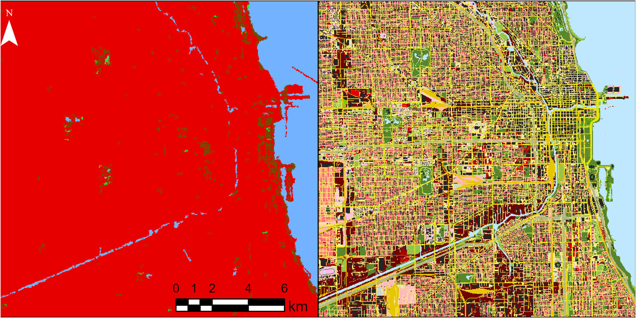 Visual comparison of the global land cover used in this study (Commission for Environmental Cooperation (CEC) LULC map, 30 m resolution, left), and the final output of our workflow, the OSM-enhanced land cover map (30 m resolution, right) at the same location, in Chicago, Illinois, USA. Vegetation areas are represented in green shades, barren soil in brown, built environment or land use areas are represented in red shades, different road types are represented in yellow shades, and building footprints are represented in black.