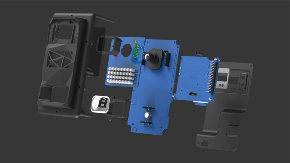 IMAGE OF AN EXPLODED VIEW OF AN INSTANT DETECT 2.0 CAMERA.
